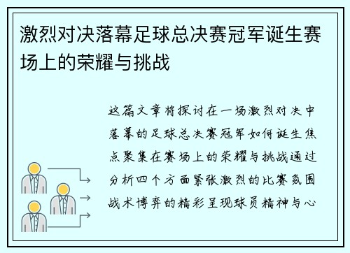 激烈对决落幕足球总决赛冠军诞生赛场上的荣耀与挑战