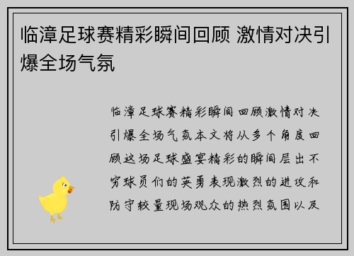 临漳足球赛精彩瞬间回顾 激情对决引爆全场气氛