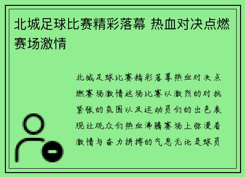 北城足球比赛精彩落幕 热血对决点燃赛场激情