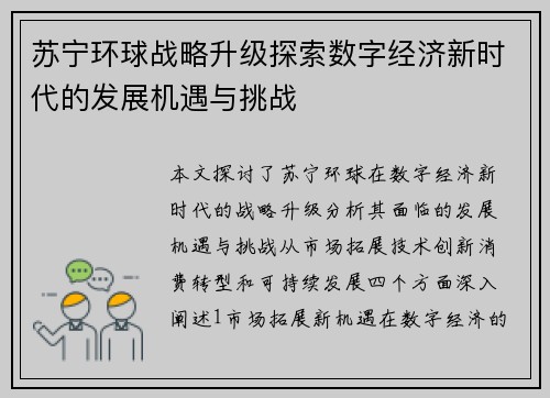 苏宁环球战略升级探索数字经济新时代的发展机遇与挑战