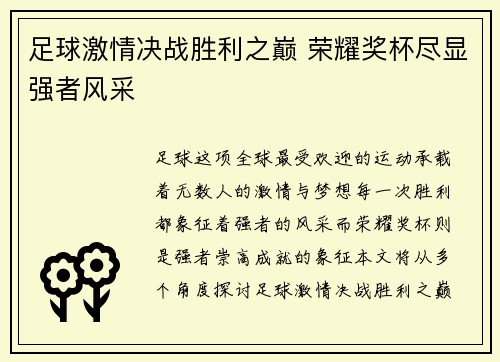 足球激情决战胜利之巅 荣耀奖杯尽显强者风采